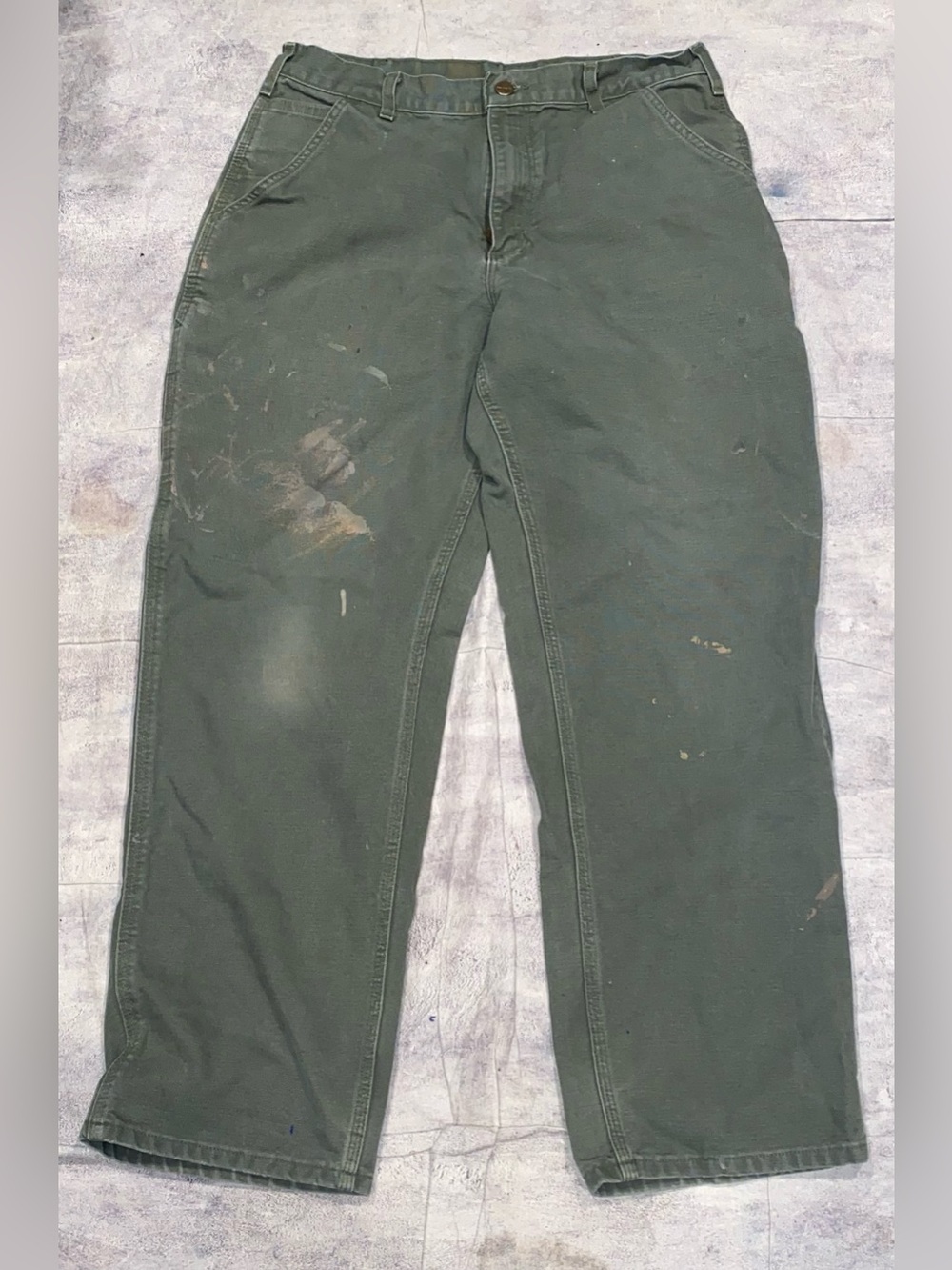 Vintage Carhartt B11 MOS Olive Cotton Duck Canvas Carpenter Pants Work Zip 34
